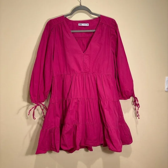 Zara Hot Pink Tiered Mini Dress w/ Balloon Sleeves - Size M - Picture 2 of 5
